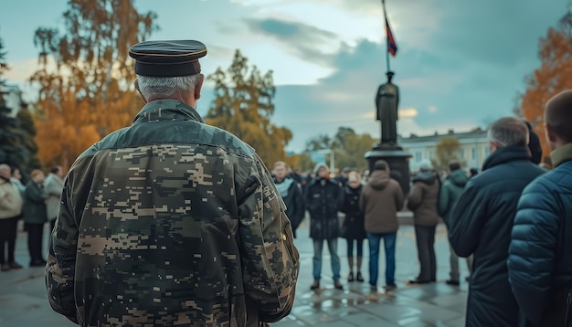 Мужчина в военной форме стоит перед толпой людей