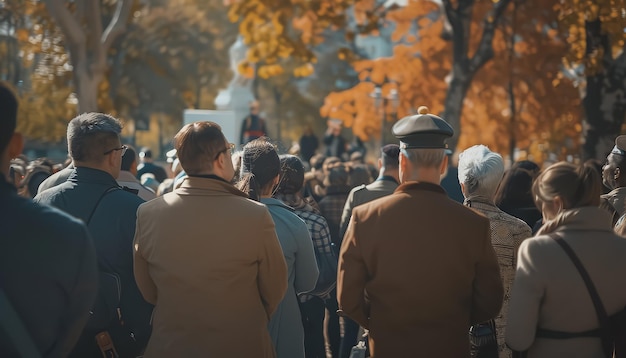 A man in a military uniform stands in front of a crowd of people