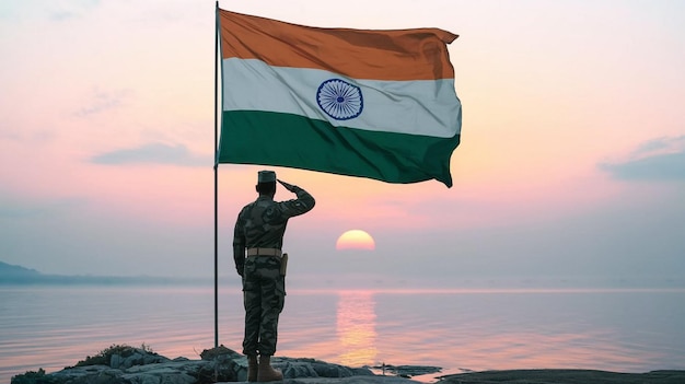 a man in a military uniform stands in front of a flag that says  the word  on it