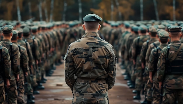 A man in a military uniform stands in front of a group of soldiers