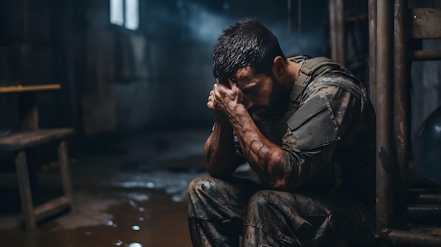 Man in military uniform on the war Concept of mental health psychotherapy depression PTSD