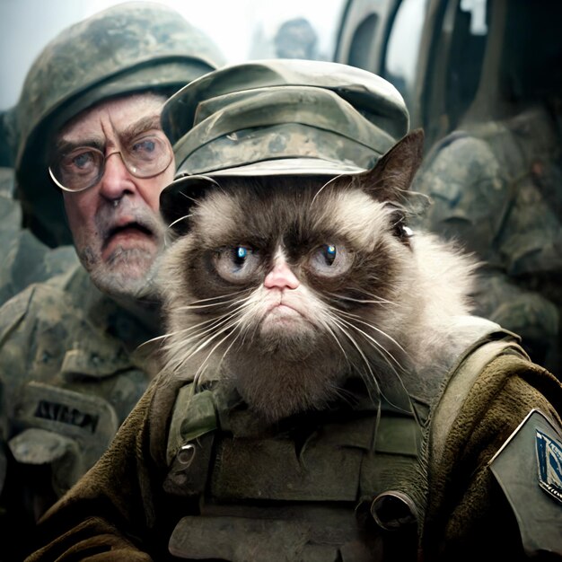 A man in a military uniform with a cat wearing a military uniform.