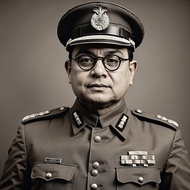 a man in a military uniform with glasses on his face