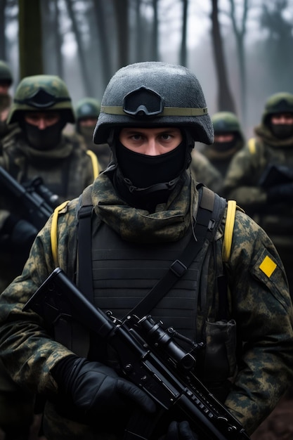 Foto uomo in uniforme militare con una pistola in mano ai generativa