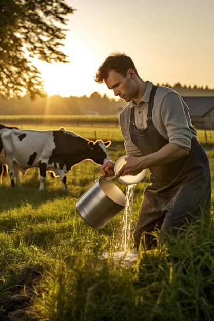 Photo a man milking a cow in a field with a bucket of water