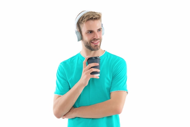 Photo man millennial in headphones isolated on white background man millennial in headphones