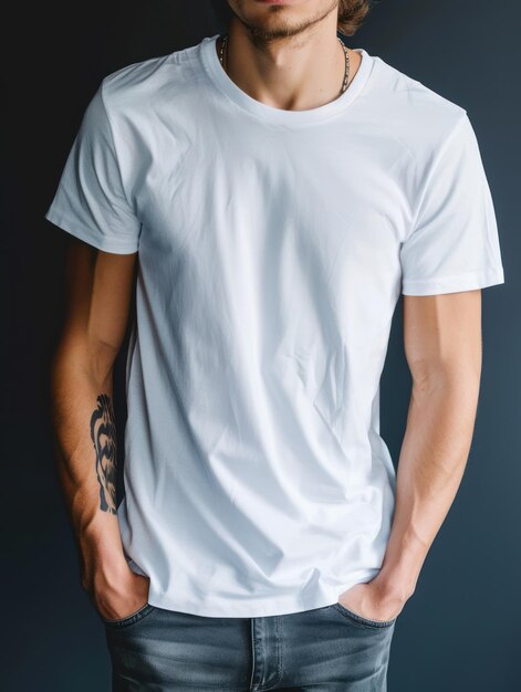 A man model wearing a clear white tshirt for mockup