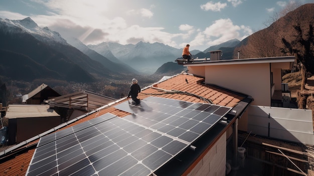 A man moiunting solar panels on roof of his tiny house Generative AI