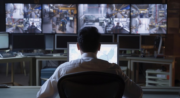 Man monitoring multiple screens at desk