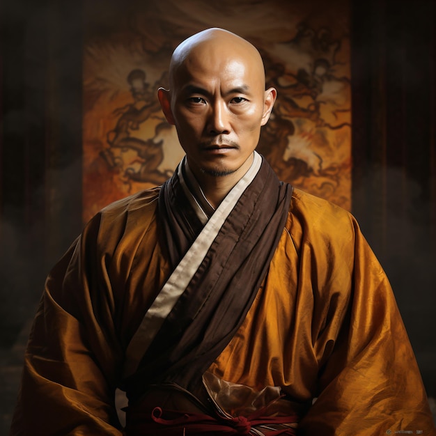 a man in a monk robe poses for a picture