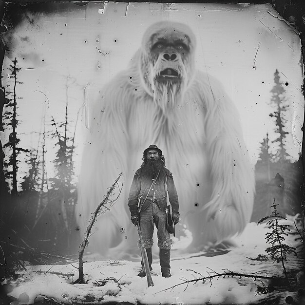 Photo a man and a monkey are standing in the snow