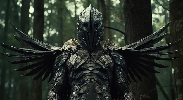 A man in a monster costume stands in a forest.