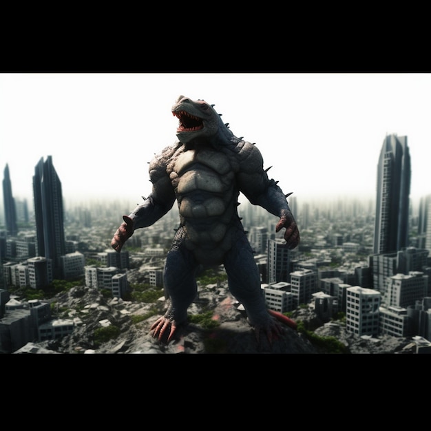 Photo a man in a monster suit stands on a ledge in front of a cityscape.
