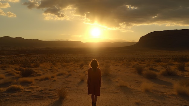 Man in the morning walking in the savannah in the grasslands