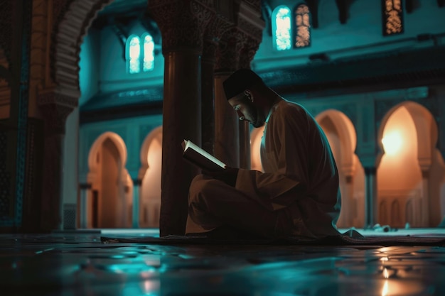 Мужчина в мечети читает Коран ночью во время Рамадана