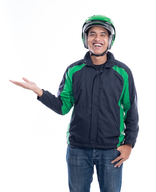 man motor taxi driver or rider with his uniform presenting