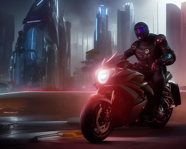A man on a motorcycle in front of a cityscape.