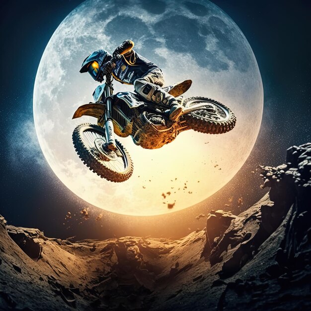 A man on a motorcycle is flying in front of a full moon.