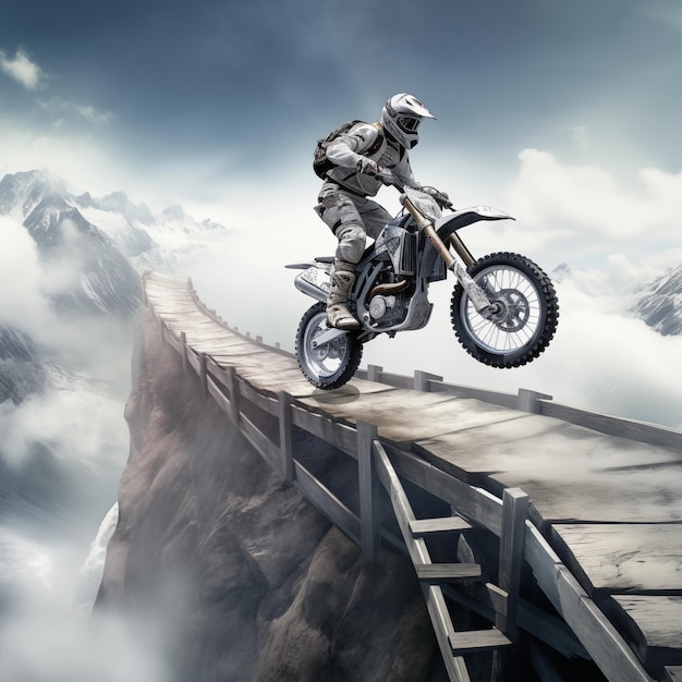 a man on a motorcycle is jumping over a railing with a mountain in the background