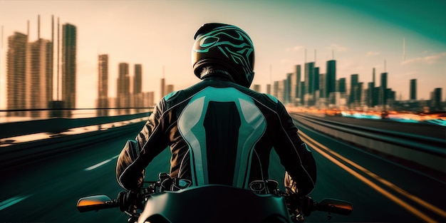 A man on a motorcycle is riding on the highway with a city in the background.