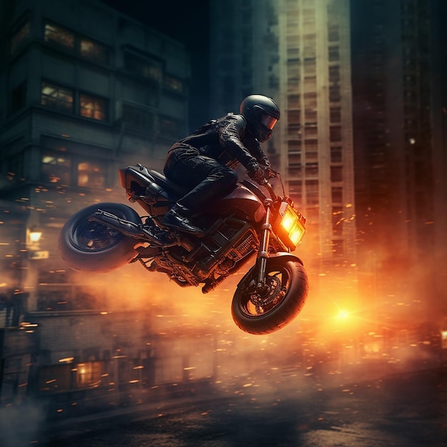 A man on a motorcycle jumps in the air in front of a cityscape.