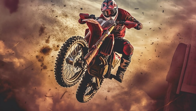 A man on a motorcycle jumps in the air with a cloud of smoke behind him