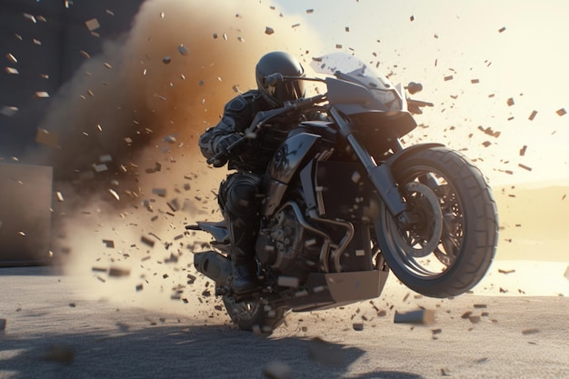 A man on a motorcycle jumps over a pile of rubble.