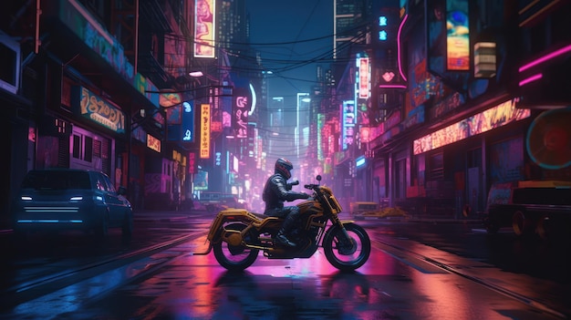 A man on a motorcycle in a neon city