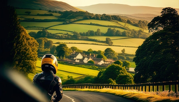 Foto un uomo su una moto percorre una strada di campagna con un paesaggio rurale sullo sfondo.