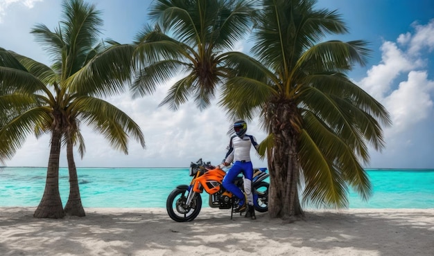 A man on a motorcycle stands next to palm trees on a beach.