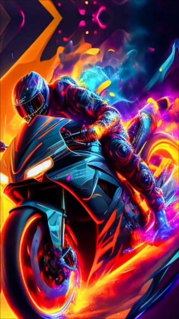 A man on a motorcycle with a colorful background.