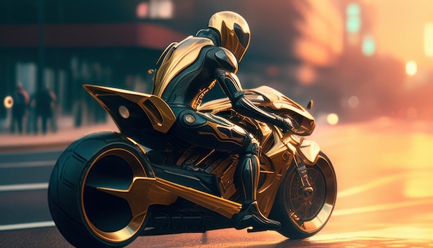 A man on a motorcycle with a gold helmet and a helmet.