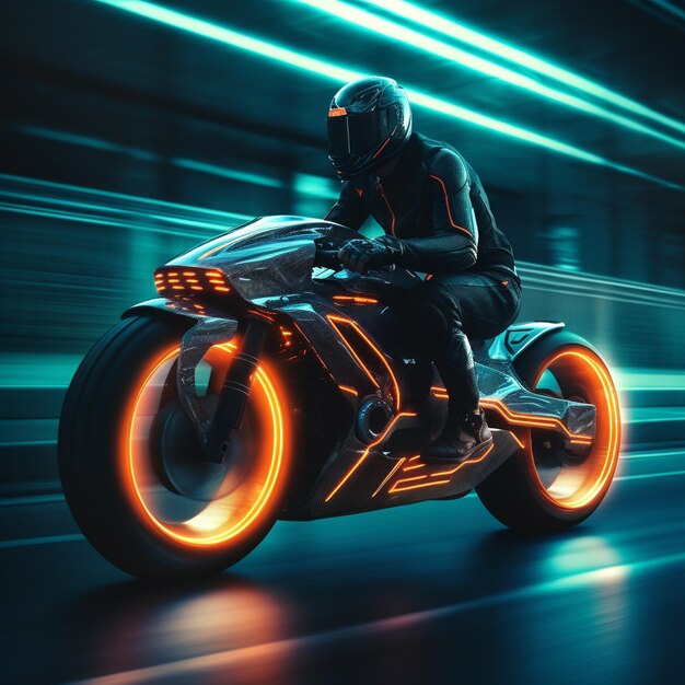 a man on a motorcycle with the lights on.