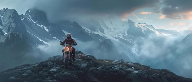 a man on a motorcycle with a mountain background