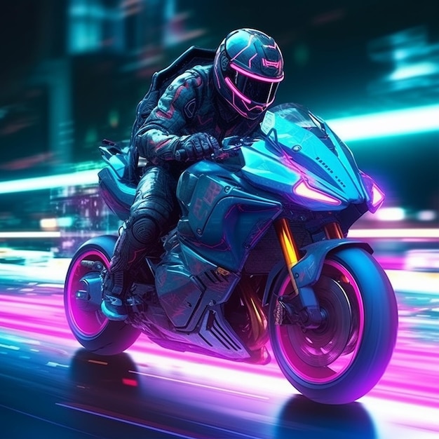 a man on a motorcycle with a neon blue and purple neon light.