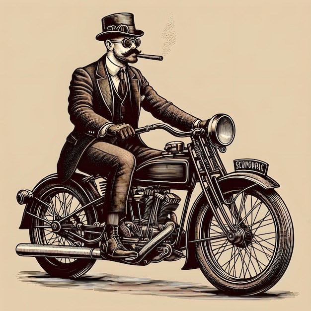 A man on motorcycle with old engraving art style
