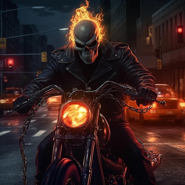 a man on a motorcycle with a skull on the front.