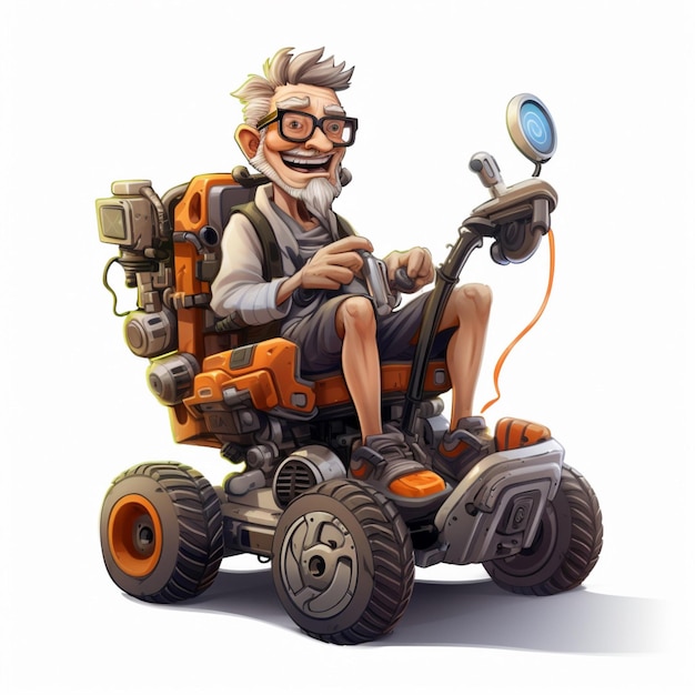 Man in Motorized Wheelchair 2d cartoon illustraton on white