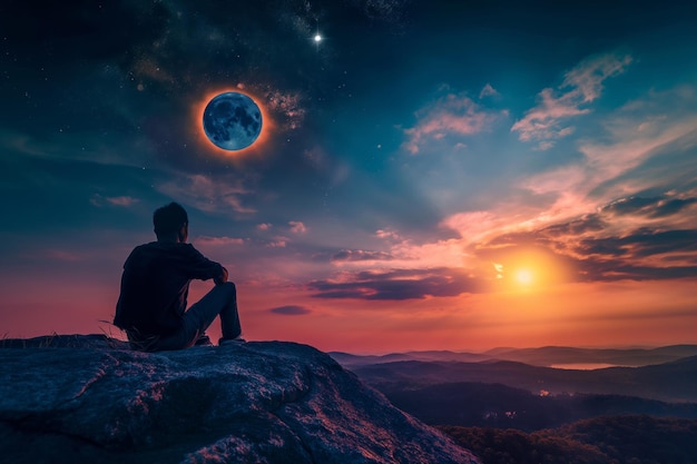 Man on mountain gazes at moon in the dusk sky happy with the natural landscape