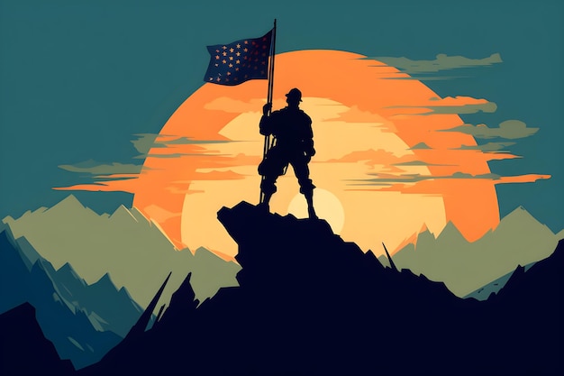 A man on a mountain holding American flag