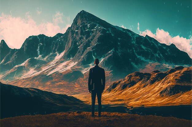 Man on the mountain Man standing on a hill looking at the strange mountain Digital art style illustration painting