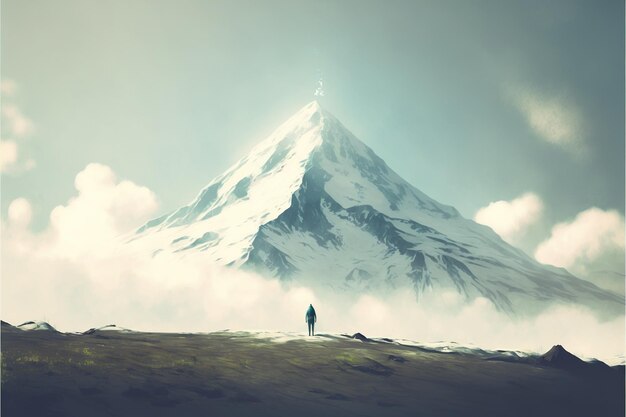 Photo man on the mountain man standing on a hill looking at the strange mountain digital art style illustration painting