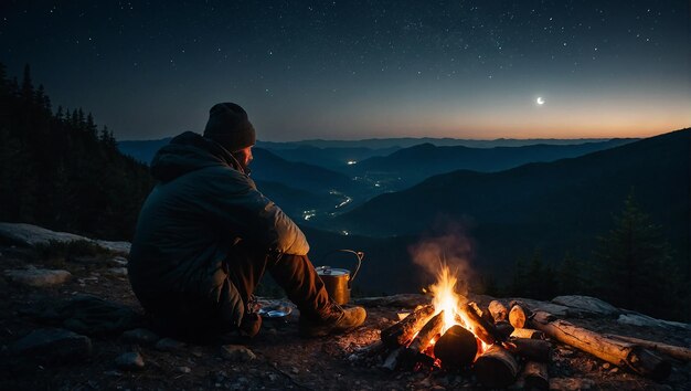 Foto un uomo in una montagna seduto accanto a un fuoco da campo che mangia un pasto è notte e la luna e le stelle