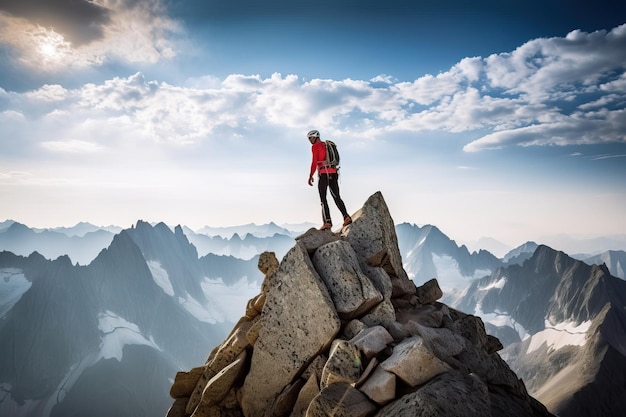 A man on a mountain top with mountains in the background