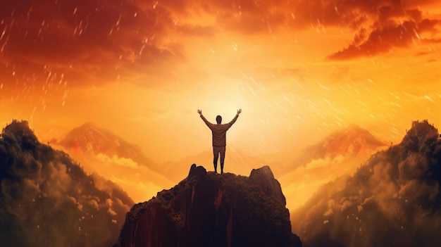 A man on a mountain with his arms raised