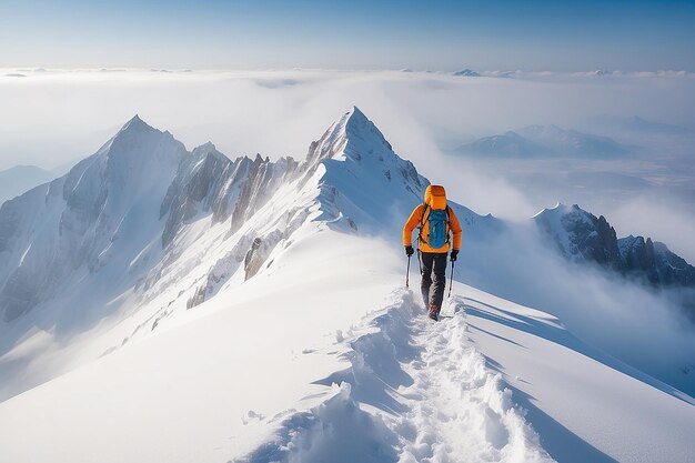 Photo man mountaineer walking with snow footprint on snow peak ridge in blizzard at morning