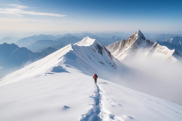 Photo man mountaineer walking with snow footprint on snow peak ridge in blizzard at morning