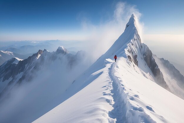 Photo man mountaineer walking with snow footprint on snow peak ridge in blizzard at morning