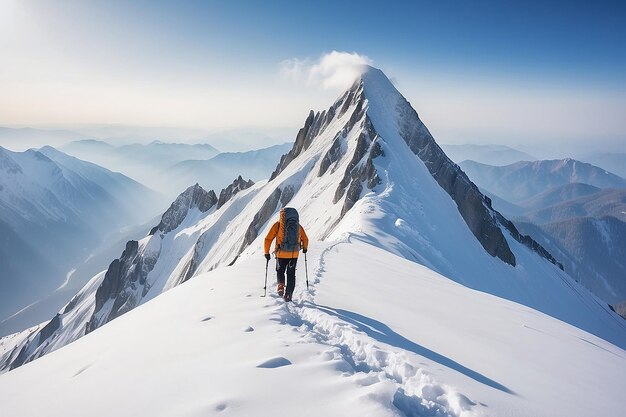 Photo man mountaineer walking with snow footprint on snow peak ridge in blizzard at morning