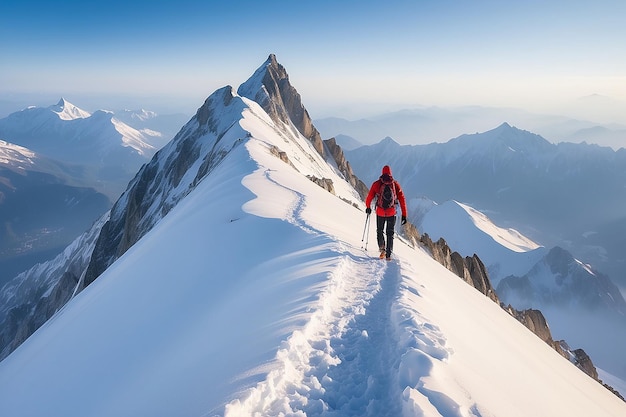 Photo man mountaineer walking with snow footprint on snow peak ridge in blizzard at morning